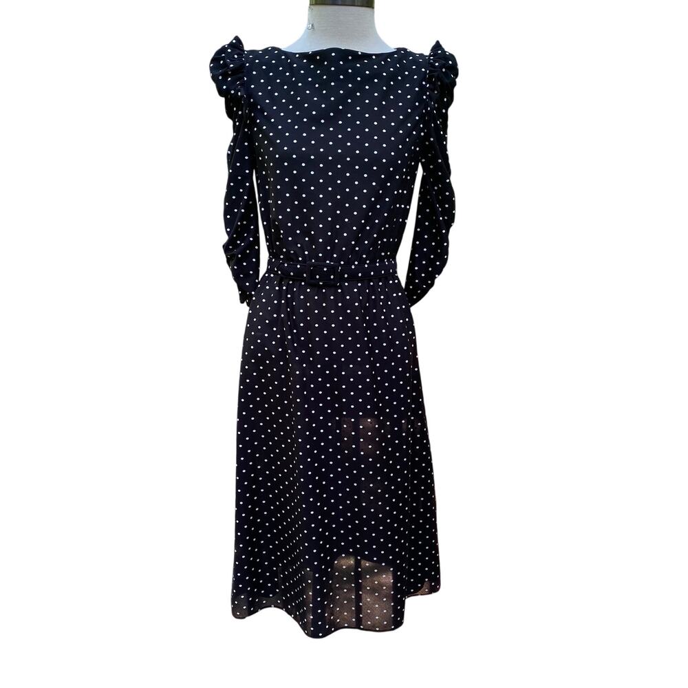 Vintage Black And White Pleated Ruffle Belted Dress Size S/M Sears JR Bazaar